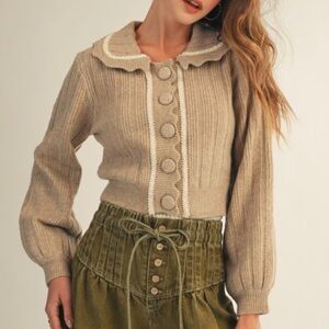 Altard State Parker Scalloped Cargdigan Tan Sweater with Cream Accents